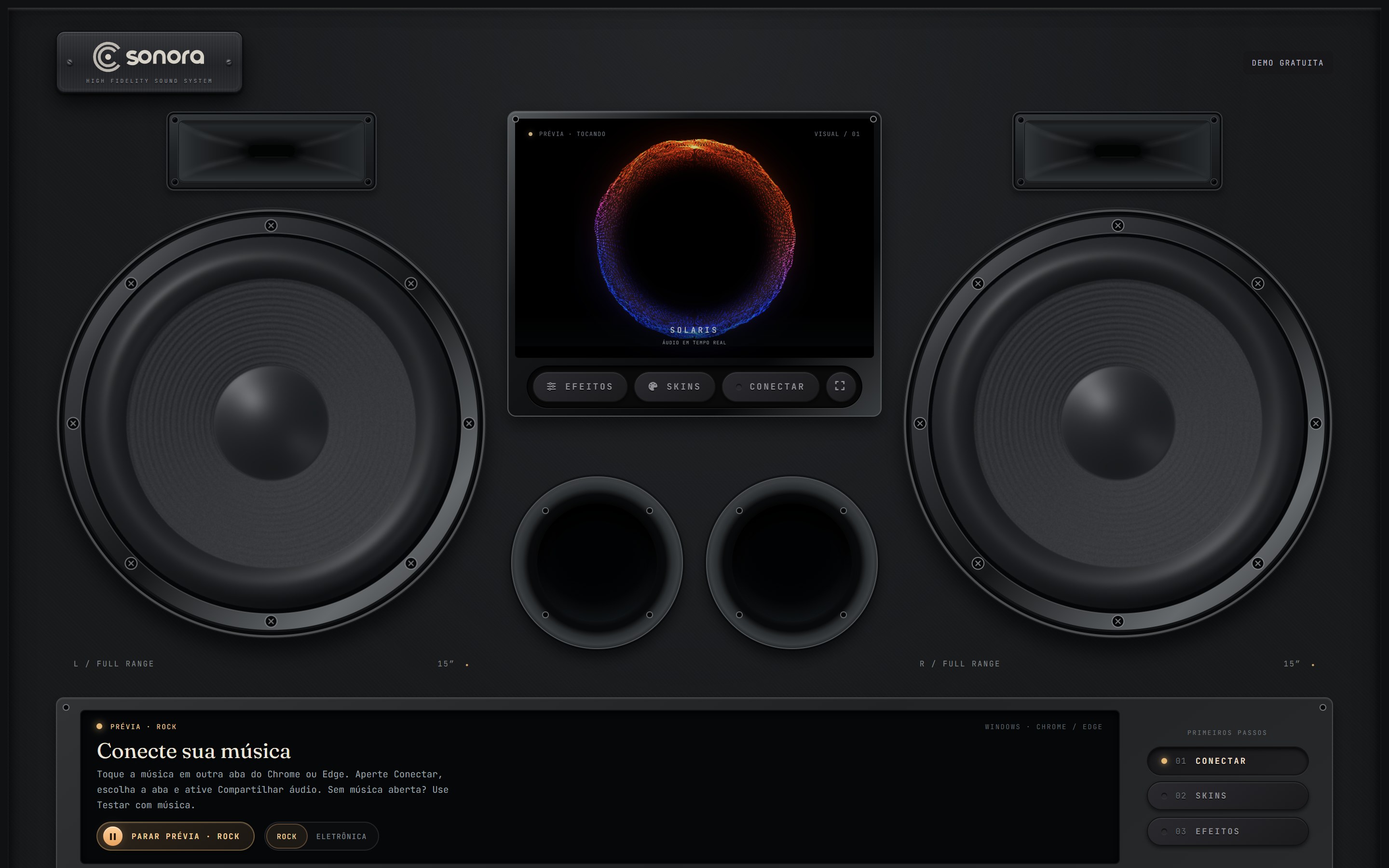 Interface real do SONORA, com dois woofers e visualizador Solaris